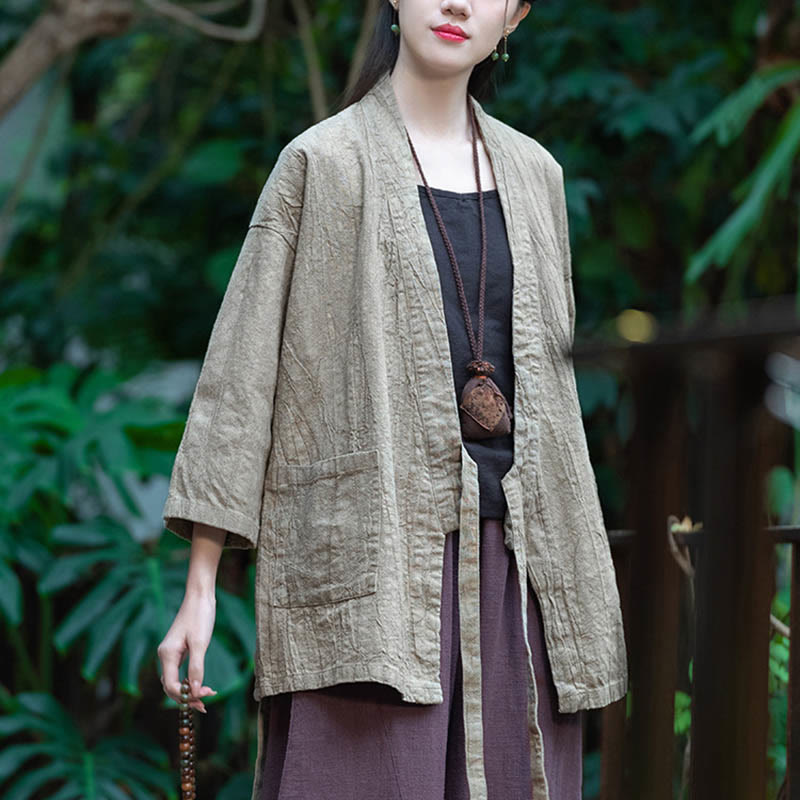 Buddha Stones Hanfu Design Three Quarter Sleeve Ramie Linen Coat Open Front Top Jacket - image 2