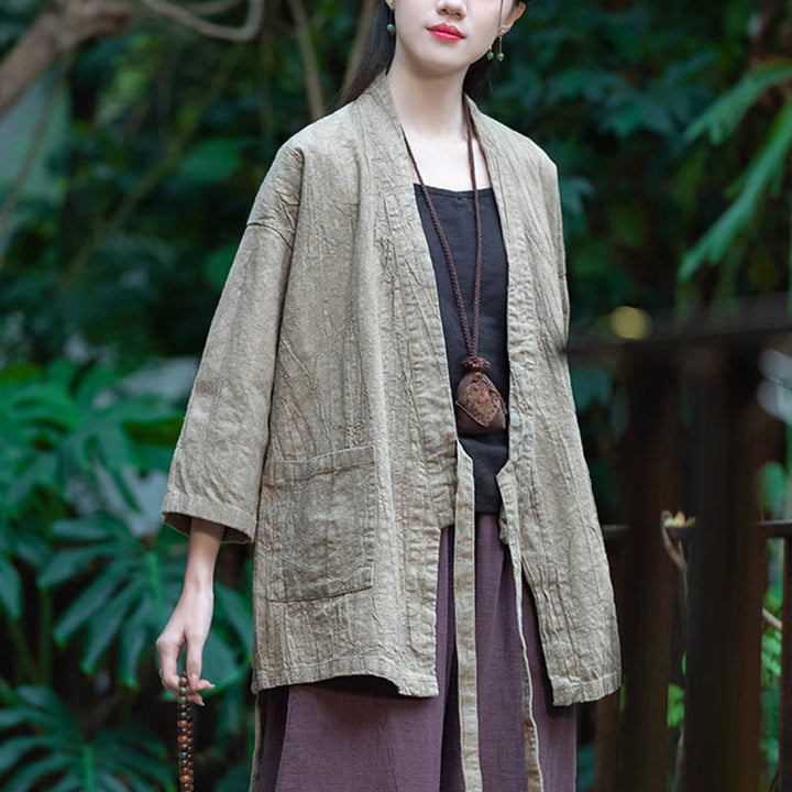 Buddha Stones Hanfu Design Three Quarter Sleeve Ramie Linen Coat Open Front Top Jacket - image 2