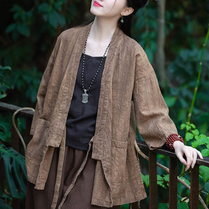 Buddha Stones Hanfu Design Three Quarter Sleeve Ramie Linen Coat Open Front Top Jacket - image 19