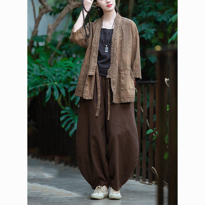 Buddha Stones Hanfu Design Three Quarter Sleeve Ramie Linen Coat Open Front Top Jacket - image 25