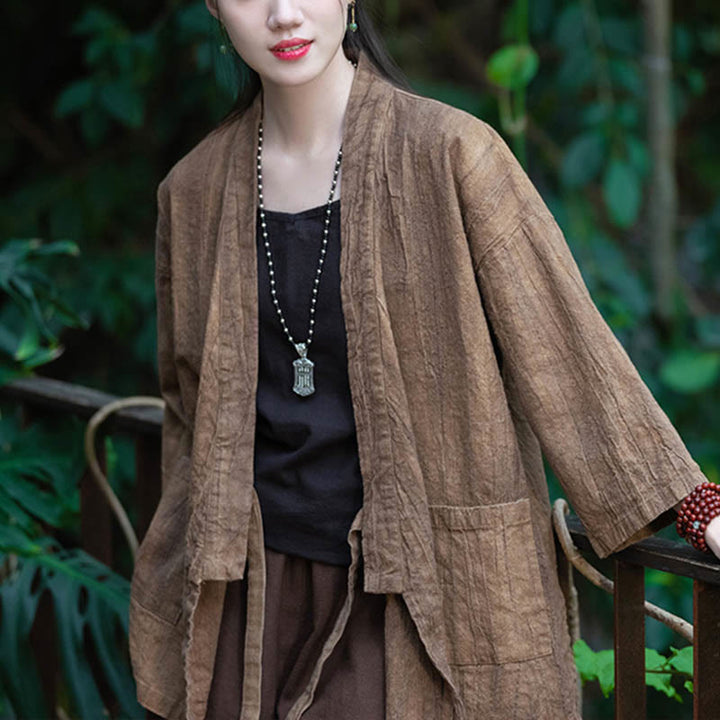 Buddha Stones Hanfu Design Three Quarter Sleeve Ramie Linen Coat Open Front Top Jacket - image 18