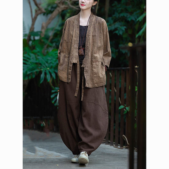 Buddha Stones Hanfu Design Three Quarter Sleeve Ramie Linen Coat Open Front Top Jacket - image 24