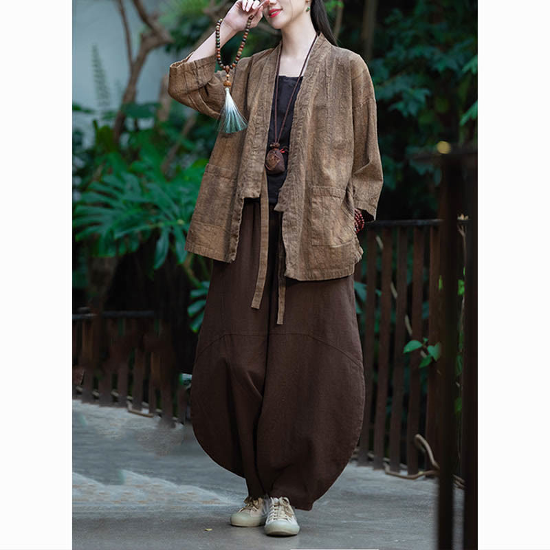 Buddha Stones Hanfu Design Three Quarter Sleeve Ramie Linen Coat Open Front Top Jacket - image 23
