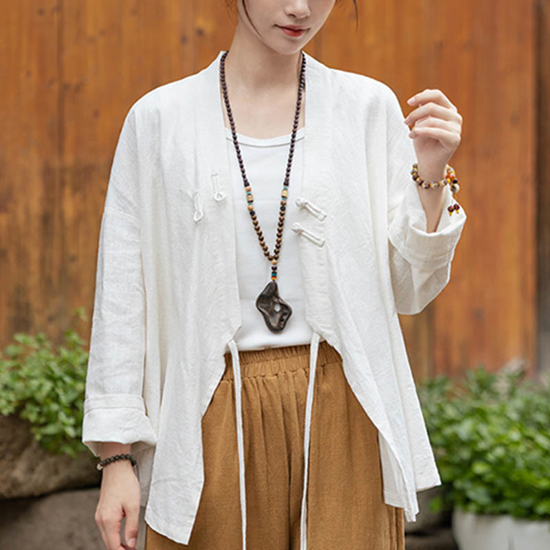 Buddha Stones Frog-Button Hanfu Design Shirt Top Ramie Linen Jacket - White(Bust 126cm)(Top Only) - image 6