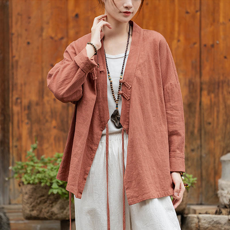 Buddha Stones Frog-Button Hanfu Design Shirt Top Ramie Linen Jacket - Red(Bust 126cm)(Top Only) - image 17