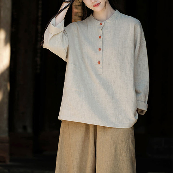 Buddha Stones Solid Color Loose Button Blouse Long Sleeve Shirt Top - Beige(Bust 126cm)(Top Only) - image 12