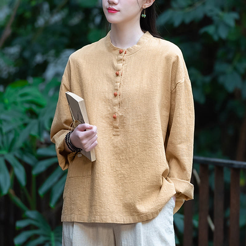 Buddha Stones Solid Color Loose Button Blouse Long Sleeve Shirt Top - Yellow(Bust 126cm)(Top Only) - image 38