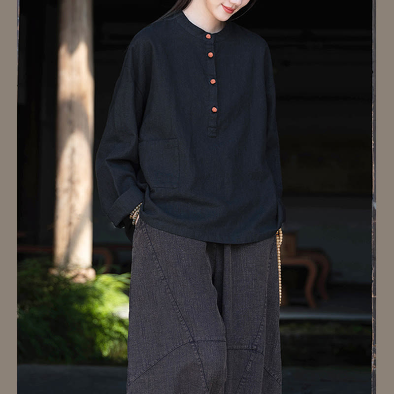 Buddha Stones Solid Color Loose Button Blouse Long Sleeve Shirt Top - Black(Bust 126cm)(Top Only) - image 28