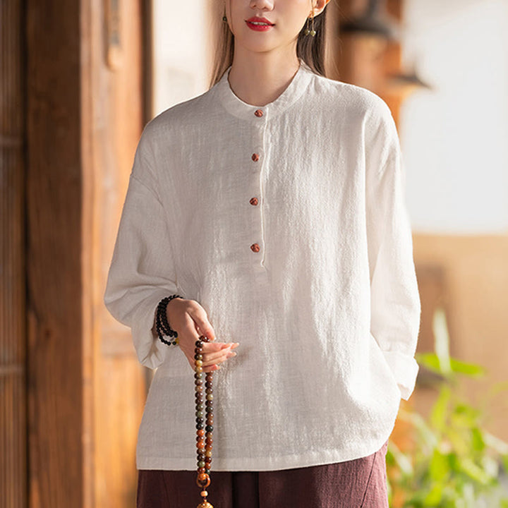 Buddha Stones Solid Color Loose Button Blouse Long Sleeve Shirt Top - White(Bust 126cm)(Top Only) - image 0