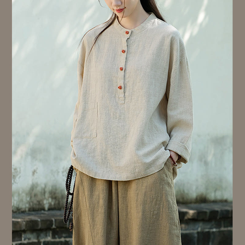 Buddha Stones Solid Color Loose Button Blouse Long Sleeve Shirt Top - image 14