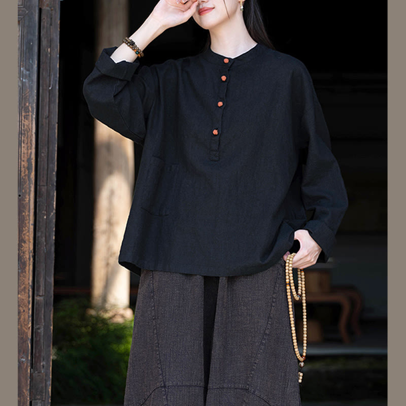 Buddha Stones Solid Color Loose Button Blouse Long Sleeve Shirt Top - image 32