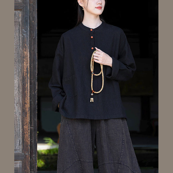 Buddha Stones Solid Color Loose Button Blouse Long Sleeve Shirt Top - image 35