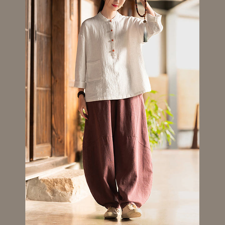 Buddha Stones Solid Color Loose Button Blouse Long Sleeve Shirt Top - image 10