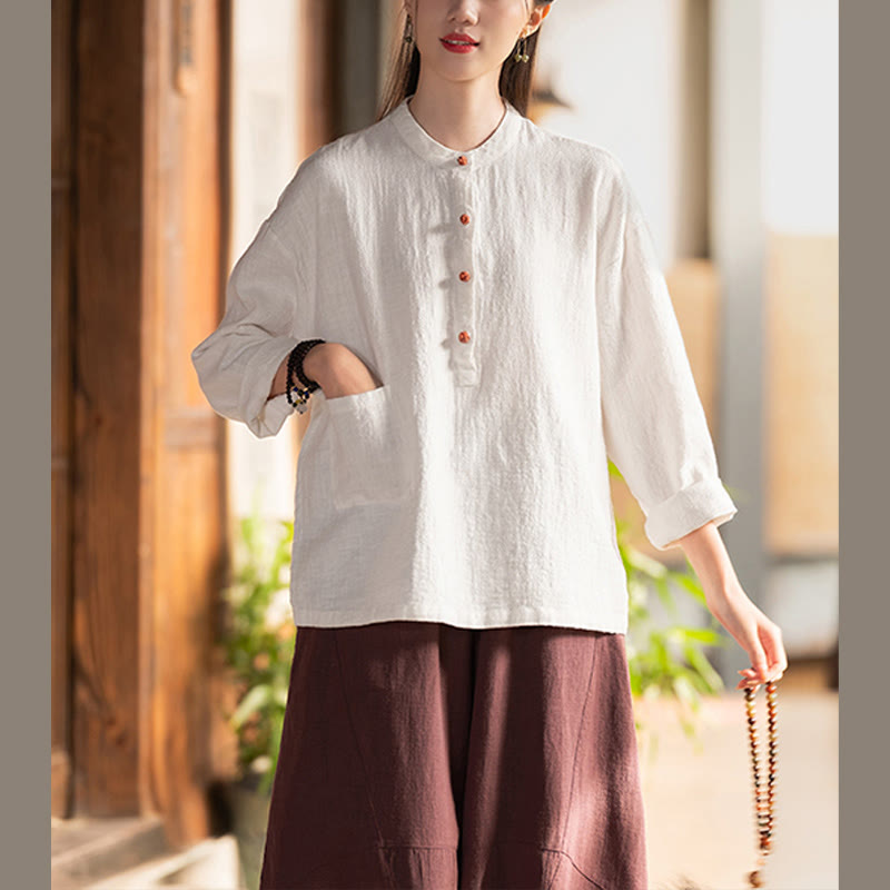 Buddha Stones Solid Color Loose Button Blouse Long Sleeve Shirt Top - image 5