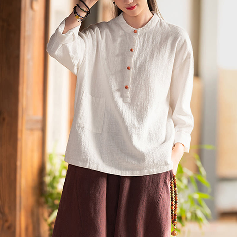 Buddha Stones Solid Color Loose Button Blouse Long Sleeve Shirt Top - image 3