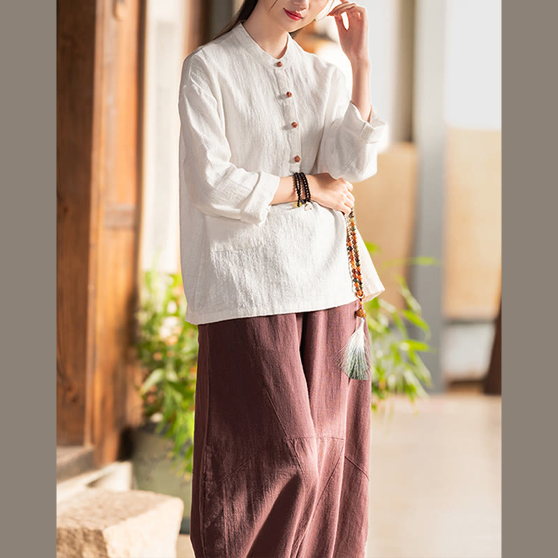 Buddha Stones Solid Color Loose Button Blouse Long Sleeve Shirt Top - image 8