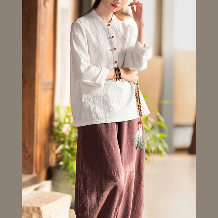 Buddha Stones Solid Color Loose Button Blouse Long Sleeve Shirt Top - image 8