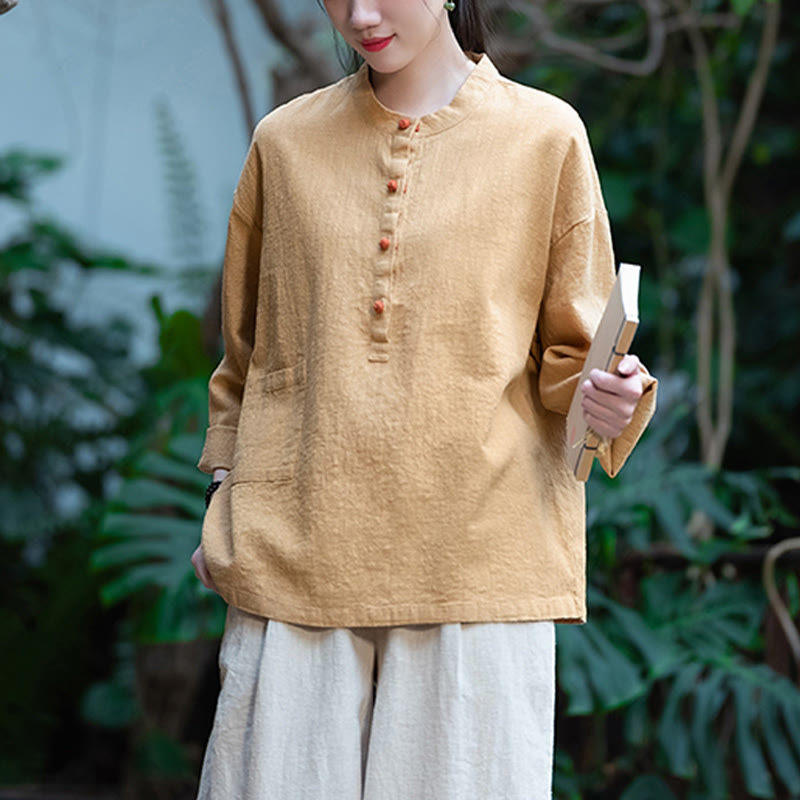 Buddha Stones Solid Color Loose Button Blouse Long Sleeve Shirt Top - image 40