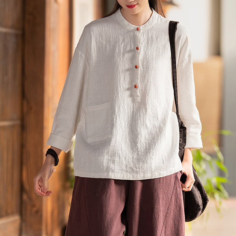 Buddha Stones Solid Color Loose Button Blouse Long Sleeve Shirt Top - image 2