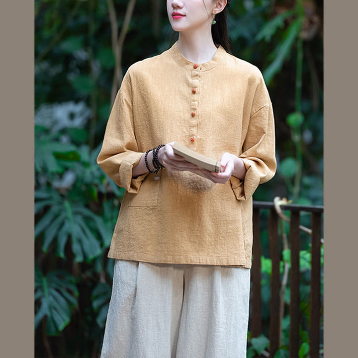 Buddha Stones Solid Color Loose Button Blouse Long Sleeve Shirt Top - image 41