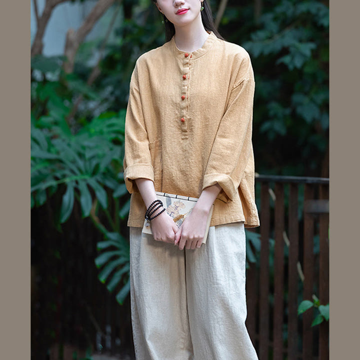 Buddha Stones Solid Color Loose Button Blouse Long Sleeve Shirt Top - image 42