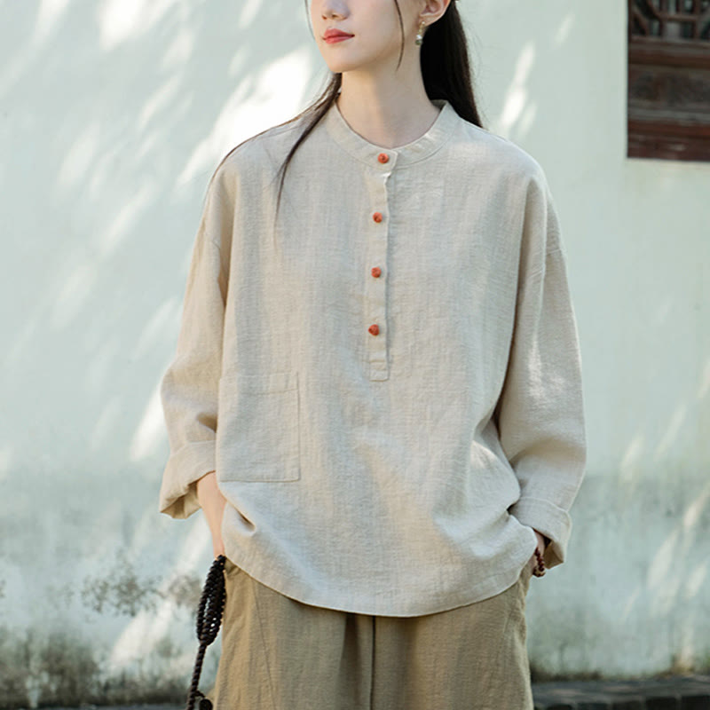 Buddha Stones Solid Color Loose Button Blouse Long Sleeve Shirt Top - image 13