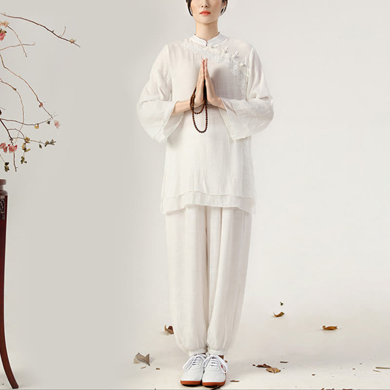 Buddha Stones 2Pcs Long Sleeve Frog-Button Meditation Prayer Zen Practice Tai Chi Uniform Clothing Women's Set - White Side Frog-Button(Top&Pants) - US8-10，UK/AU12-14，EU40-42 (2XL) - image 0