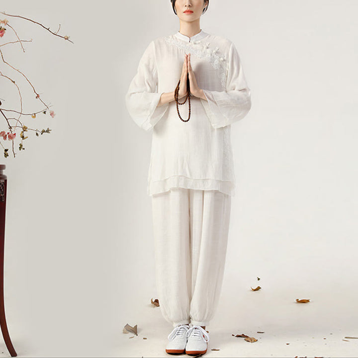 Buddha Stones 2Pcs Long Sleeve Frog-Button Meditation Prayer Zen Practice Tai Chi Uniform Clothing Women's Set - White Side Frog-Button(Top&Pants) - US8-10，UK/AU12-14，EU40-42 (2XL) - image 0