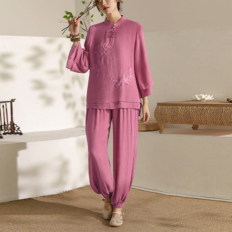 Buddha Stones 2Pcs Long Sleeve Frog-Button Meditation Prayer Zen Practice Tai Chi Uniform Clothing Women's Set - Rose Red Stand Collar(Top&Pants) - US8-10，UK/AU12-14，EU40-42 (2XL) - image 18