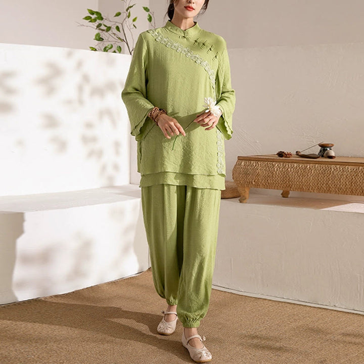 Buddha Stones 2Pcs Long Sleeve Frog-Button Meditation Prayer Zen Practice Tai Chi Uniform Clothing Women's Set - Green Side Frog-Button(Top&Pants) - US8-10，UK/AU12-14，EU40-42 (2XL) - image 21