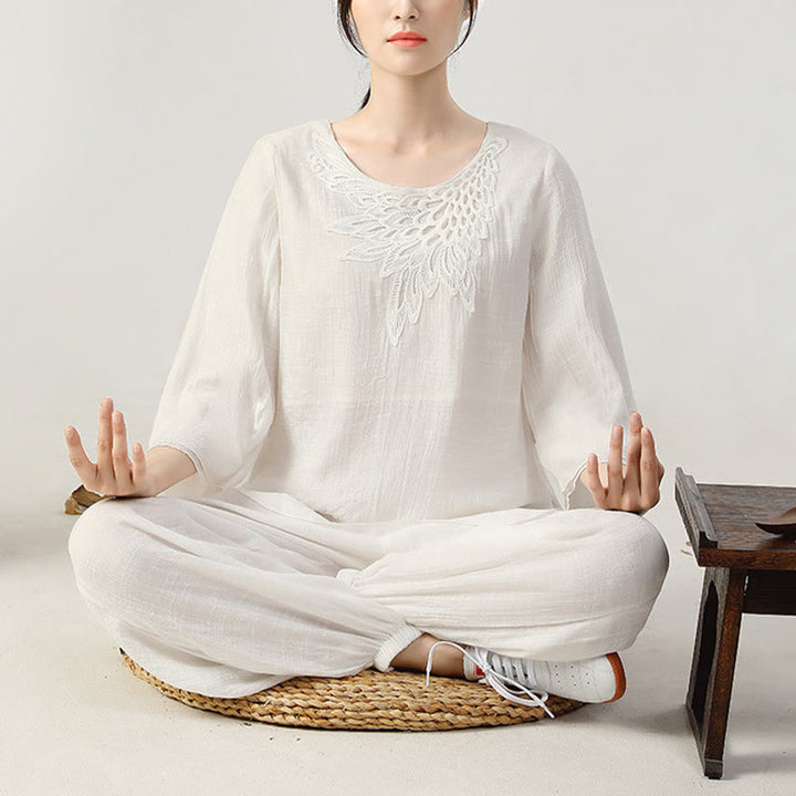 Buddha Stones 2Pcs Long Sleeve Frog-Button Meditation Prayer Zen Practice Tai Chi Uniform Clothing Women's Set - image 12
