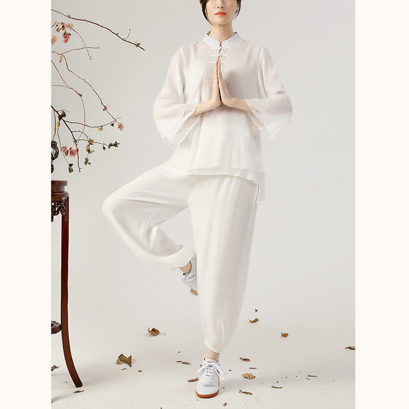 Buddha Stones 2Pcs Long Sleeve Frog-Button Meditation Prayer Zen Practice Tai Chi Uniform Clothing Women's Set - image 6