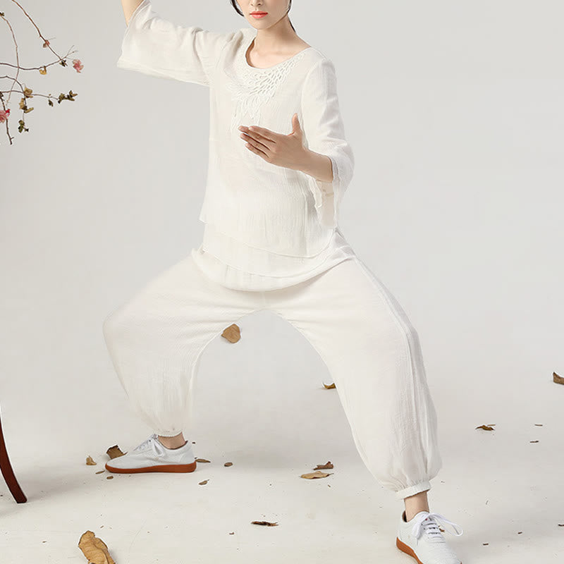 Buddha Stones 2Pcs Long Sleeve Frog-Button Meditation Prayer Zen Practice Tai Chi Uniform Clothing Women's Set - image 15