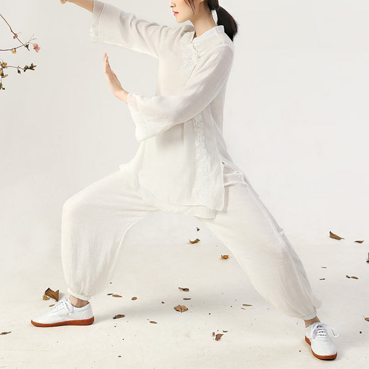 Buddha Stones 2Pcs Long Sleeve Frog-Button Meditation Prayer Zen Practice Tai Chi Uniform Clothing Women's Set - image 2