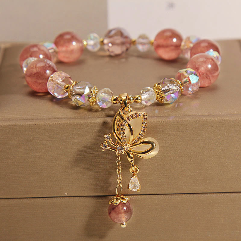 Buddha Stones Natural Strawberry Quartz Healing Positive Butterfly Charm Bracelet - Strawberry Quartz(Love♥Healing)(Wrist Circumference 14-16cm) - image 0