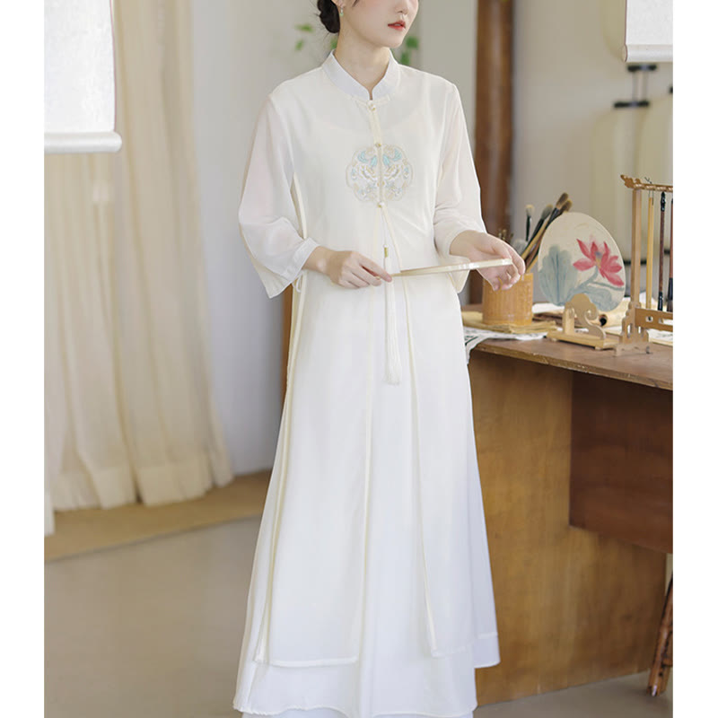 Buddha Stones Embroidery Chiffon Cheongsam Midi Dress Wide Leg Pants Meditation Zen Practice Clothing - image 5