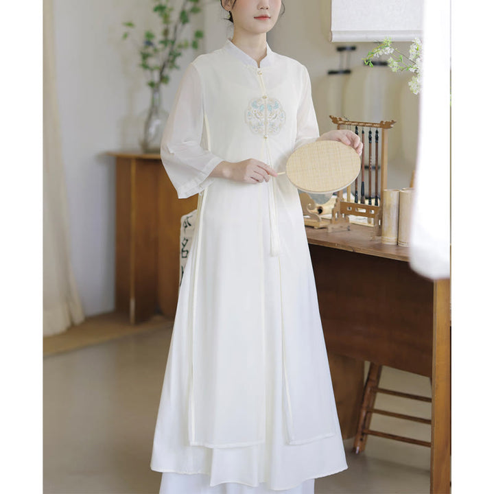 Buddha Stones Embroidery Chiffon Cheongsam Midi Dress Wide Leg Pants Meditation Zen Practice Clothing - image 1