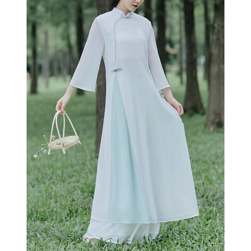 Buddha Stones Three Quarter Sleeve Chiffon Cheongsam Midi Dress Wide Leg Pants Meditation Zen Practice Clothing - image 6
