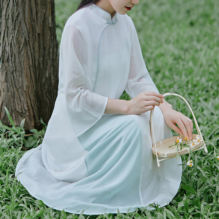 Buddha Stones Three Quarter Sleeve Chiffon Cheongsam Midi Dress Wide Leg Pants Meditation Zen Practice Clothing - image 4