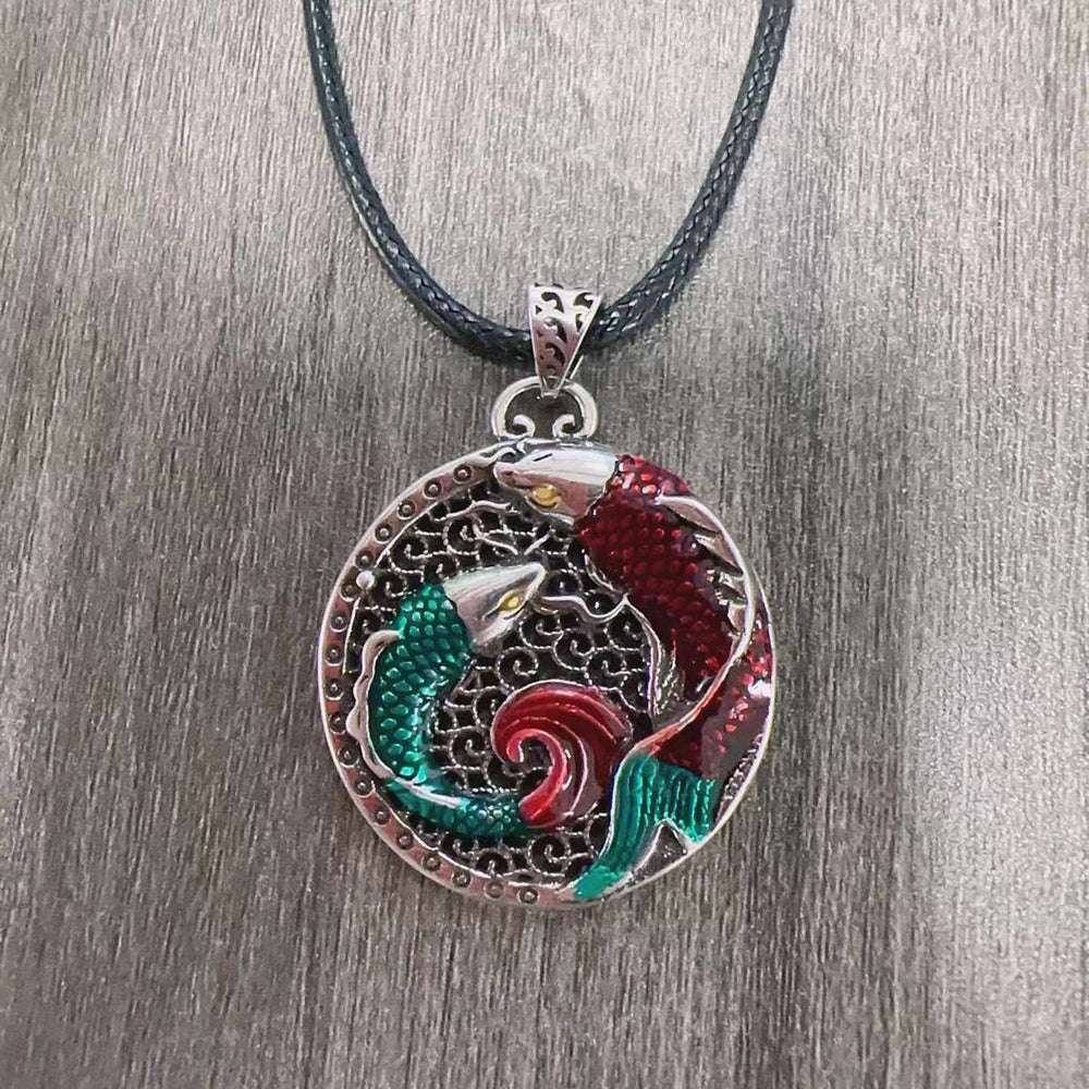 Buddha Stones Tibetan Copper Koi Fish Healing Necklace - Necklace-With Leather Cord(Necklace Length: 60cm) - image 1