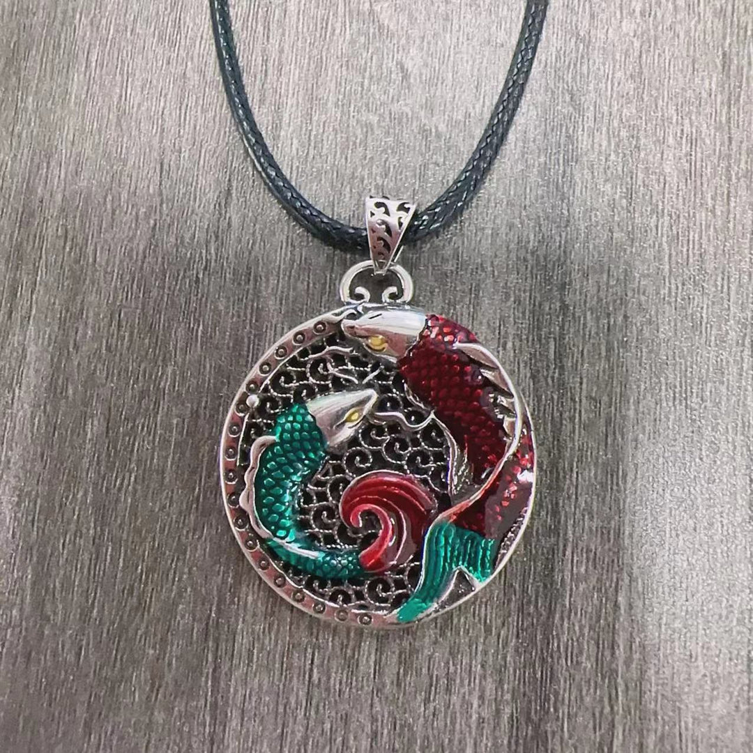 Buddha Stones Tibetan Copper Koi Fish Healing Necklace - Necklace-With Leather Cord(Necklace Length: 60cm) - image 1