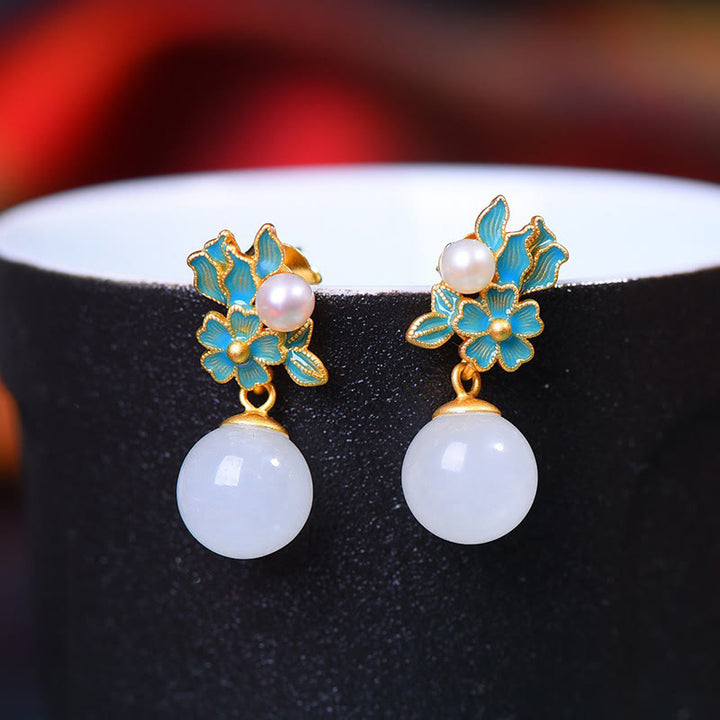 Buddha Stones White Jade 925 Sterling Silver Pearl Flower Blessing Necklace Pendant Ring Earrings - Gold - Earrings - image 12