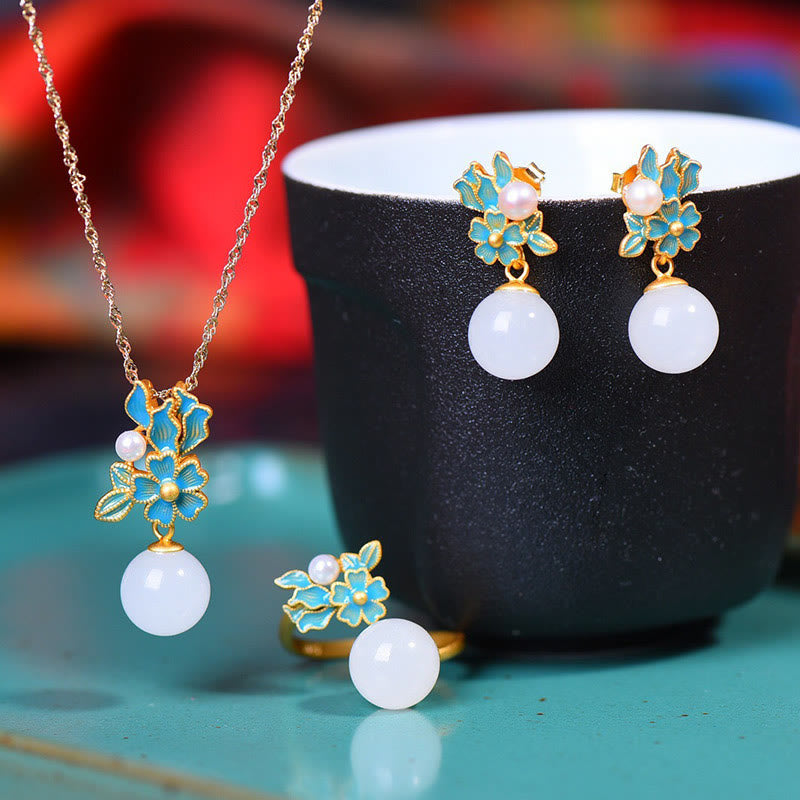 Buddha Stones White Jade 925 Sterling Silver Pearl Flower Blessing Necklace Pendant Ring Earrings - Gold - 3Pcs(Ring&Necklace&Earrings) - image 0