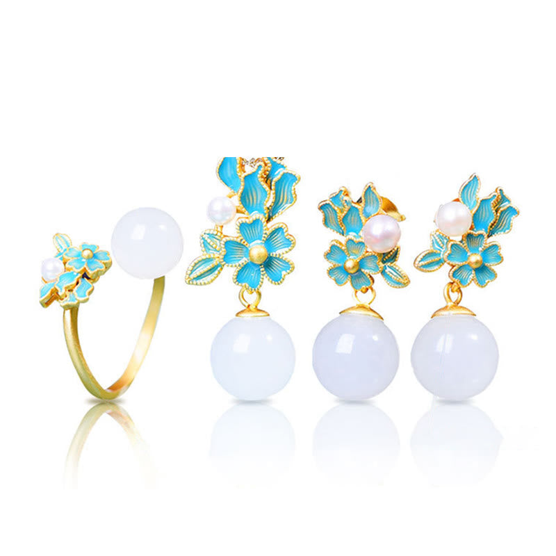 Buddha Stones White Jade 925 Sterling Silver Pearl Flower Blessing Necklace Pendant Ring Earrings - image 18
