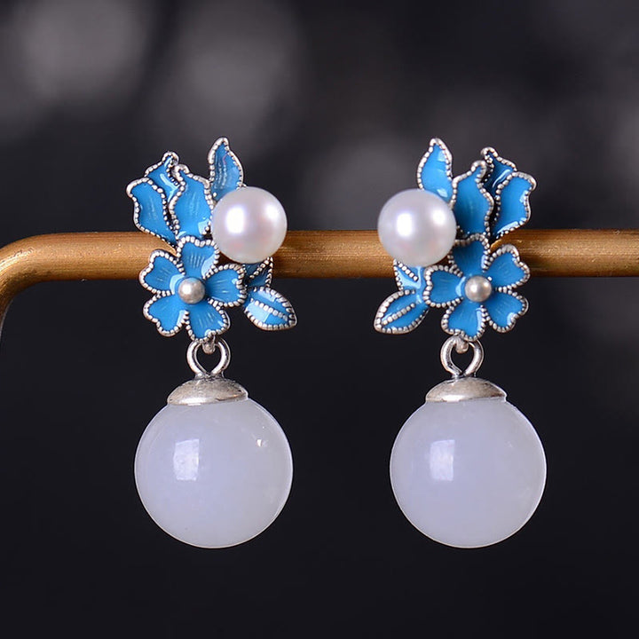 Buddha Stones White Jade 925 Sterling Silver Pearl Flower Blessing Necklace Pendant Ring Earrings - Silver - Earrings - image 22