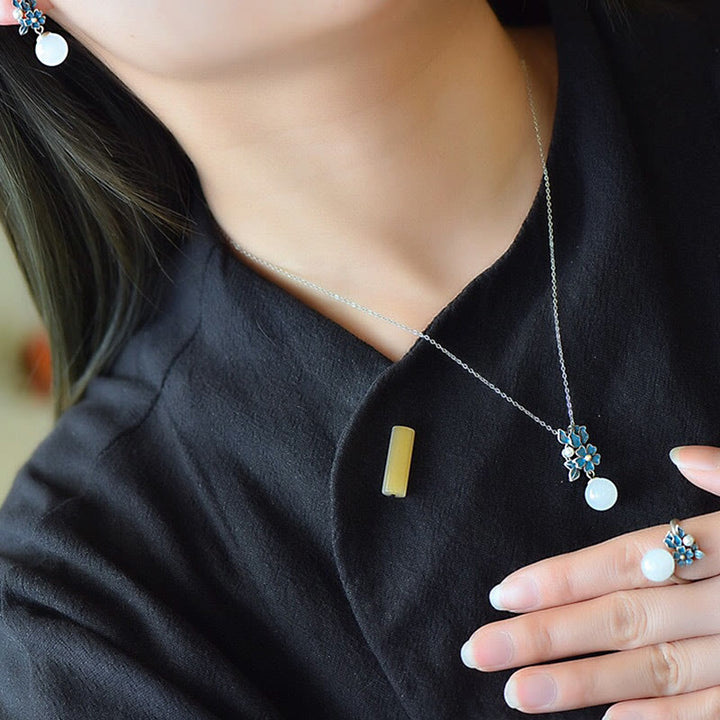 Buddha Stones White Jade 925 Sterling Silver Pearl Flower Blessing Necklace Pendant Ring Earrings - image 26