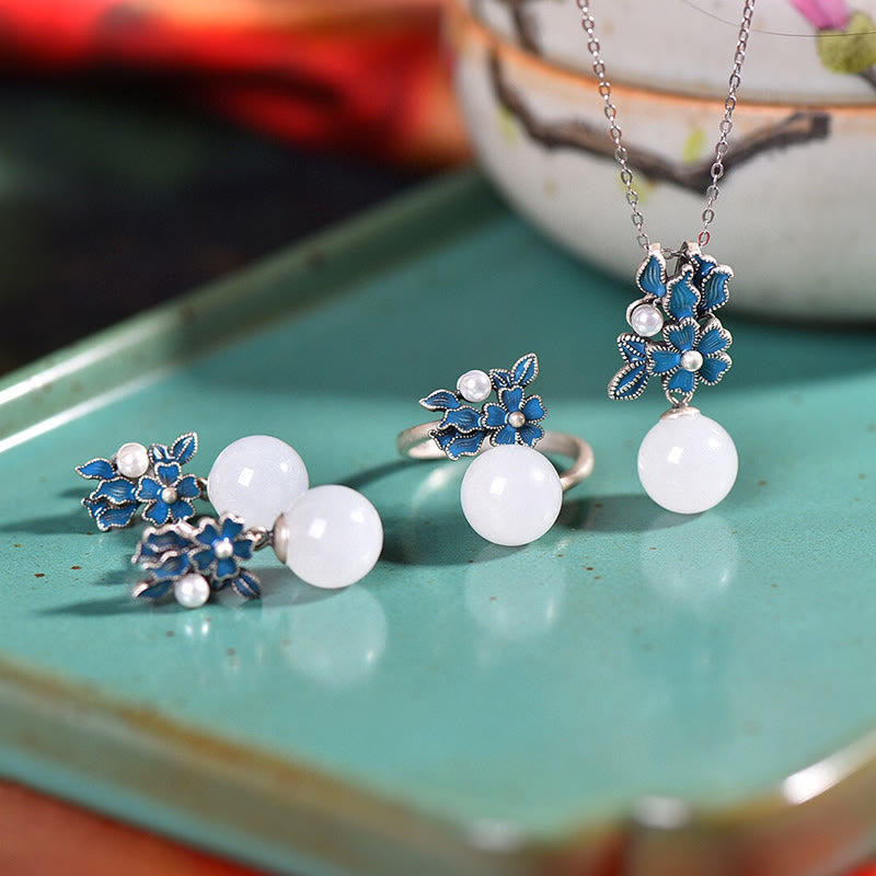 Buddha Stones White Jade 925 Sterling Silver Pearl Flower Blessing Necklace Pendant Ring Earrings - Silver - 3Pcs(Ring&Necklace&Earrings) - image 19