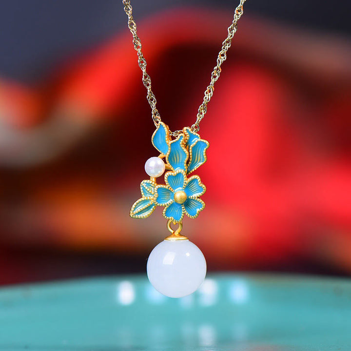 Buddha Stones White Jade 925 Sterling Silver Pearl Flower Blessing Necklace Pendant Ring Earrings - Gold - Necklace(Necklace Length: 45cm) - image 6