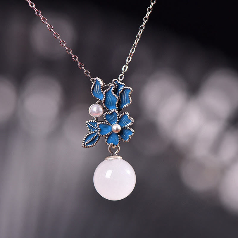 Buddha Stones White Jade 925 Sterling Silver Pearl Flower Blessing Necklace Pendant Ring Earrings - Silver - Necklace(Necklace Length: 45cm) - image 21