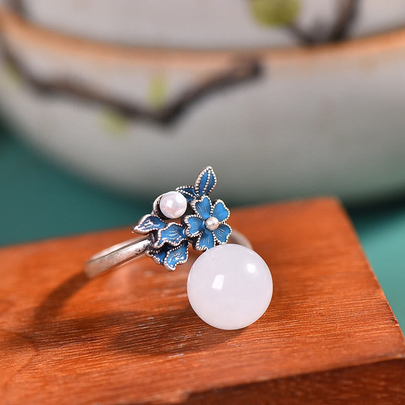 Buddha Stones White Jade 925 Sterling Silver Pearl Flower Blessing Necklace Pendant Ring Earrings - image 24
